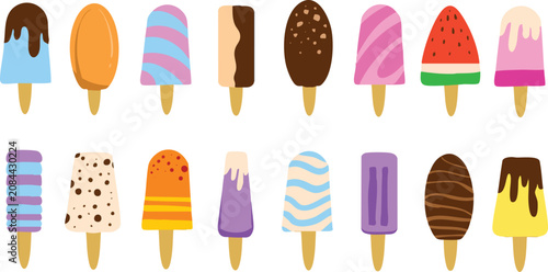 Colorful Ice Cream Popsicles and Ice Lollies Vector Illustration Set
