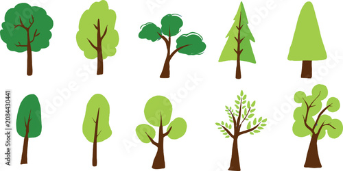 Various Green Tree Flat Icons and Cartoon Forest Elements Set