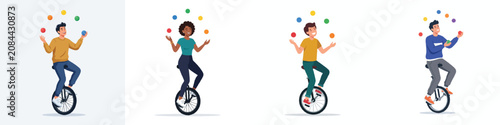 A full body minimalist illustration of a person riding a unicycle and juggling colorful balls, smiling, modern flat design, semi-realistic, no outline, white background.
