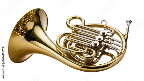 Foto Isolated shiny brass French horn, a beautiful classical wind musical instrument