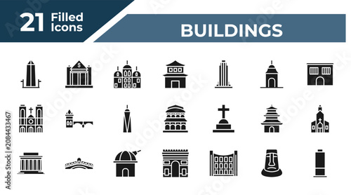 Photos filled buildings icons set - washington monument, reserve bank, pagoda, rapa nui