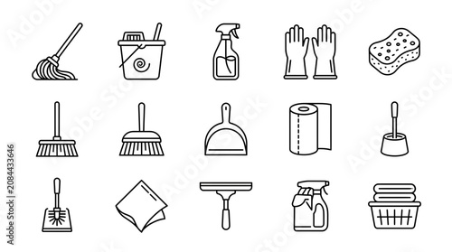 фотографія Cleaning Supplies Icons Set: Mop, Bucket, Gloves, Sponge, Broom, Dustpan, Paper