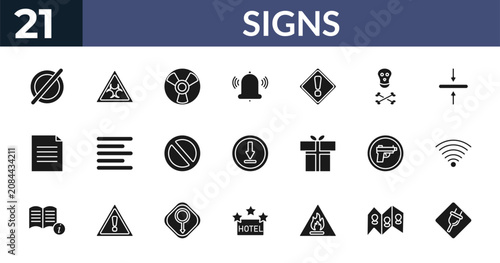 Foto filled signs icons set - empty, biohazard, radioactive, map and map pointer