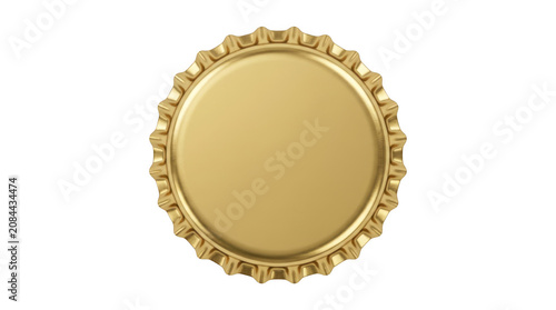 Gold-colored metal badge with intricate embossed edge design on white background.