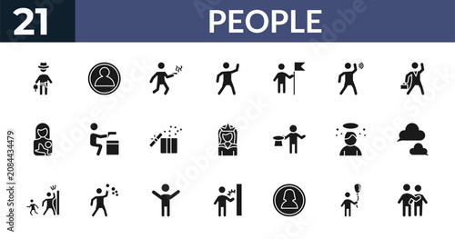 Canvastavla filled people icons set - cowboy with a gun, male users, man walking and smoking, boy with balloon