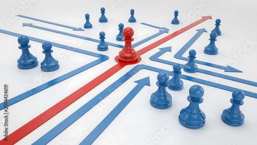 Red Chess Piece Leading Blue Pieces Through Strategic Network of Arrows