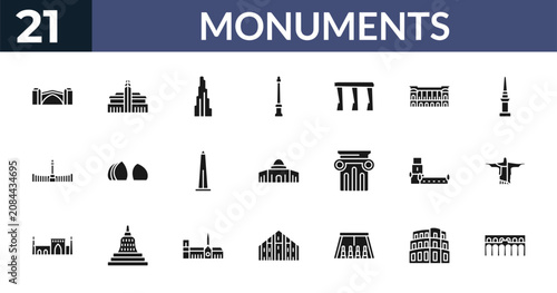 Fotografie filled monuments icons set - stari most, hassan mosque, , pula arena