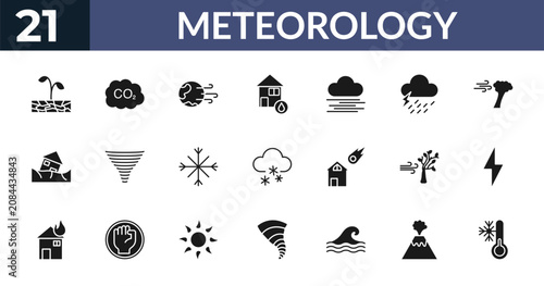 Tableau sur toile filled meteorology icons set - plant on drought, co2 gas, windy earth, erupting volcano