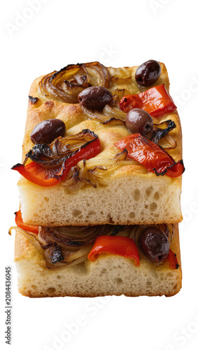 Bild auf Leinwand Isolated delicious stacked focaccia bread with caramelized onions, red peppers,