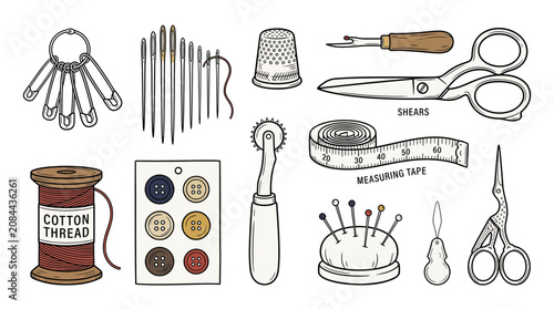 Photography Sewing Kit Essentials: Scissors, Needles, Thread, Buttons, Thimble, Pins, Measur
