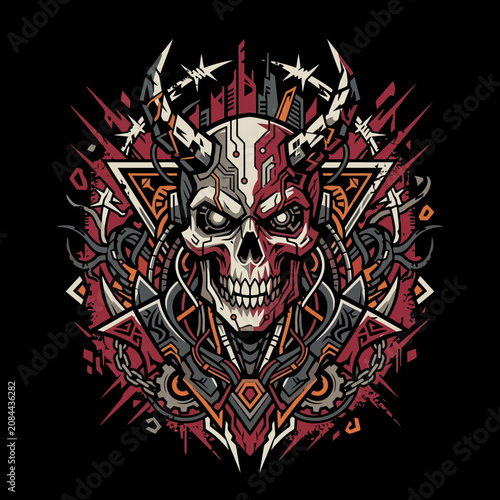 Картината върху платно A menacing cybernetic skull with horns and intricate details