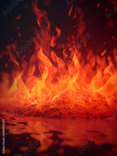 Intense blazing fire flames rising from a glowing hot surface texture isolated on transparent background