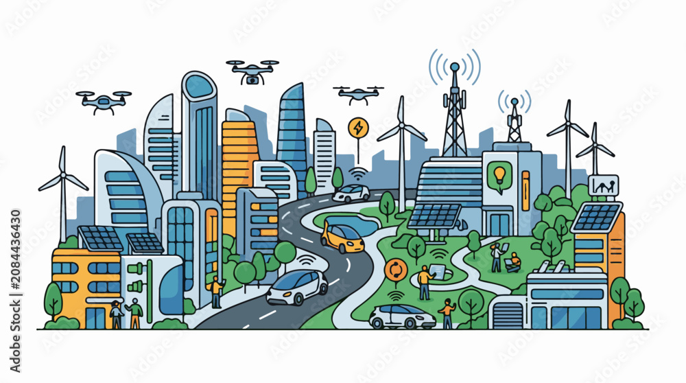 Obraz premium Modern cityscape with smart technology renewable energy and aerial drones