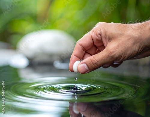 Hand dropping a pebble into calm water creating ripples for kindness impact concepts.