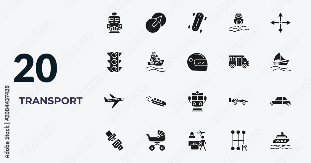 Obraz premium filled transport icons set - diesel train, transition, longboard, shift. editable vector for web and mobile ui