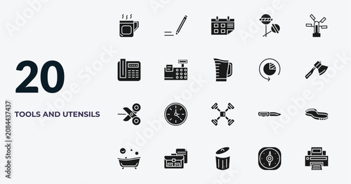 Fotografie filled tools and utensils icons set - cup of hot coffee, pencil tool, calendar page, cardinal points
