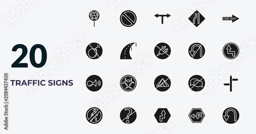 filled traffic signs icons set - bus stop, no waiting, t junction, degree curve road. editable vector for web and mobile ui