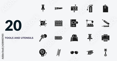 filled tools and utensils icons set - tack save button, carpentry, postage, metal. editable vector for web and mobile ui