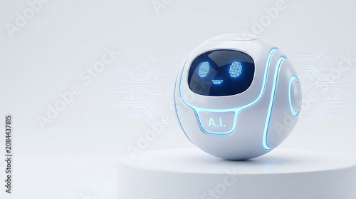 Small white robot head with blue lights
