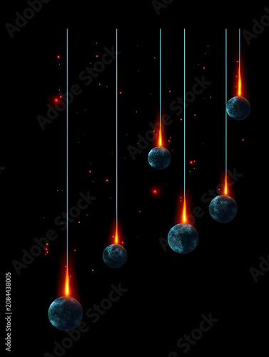 Multiple hanging glowing dark textured spheres with radiant orange light trails shown on transparent background