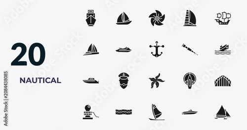 фотографія filled nautical icons set - ballast, windsail, boat screw, speedboat