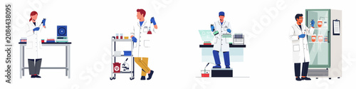 Konstfotografi Flat Vector Illustrations of Scientists and Lab Technicians Conducting Medical Research, Blood Tests, and Experiments in a Modern Laboratory Setting