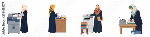 Bild auf Leinwand Muslim businesswomen performing various administrative and clerical office tasks such as printing, photocopying, and filing documents in a professional setting