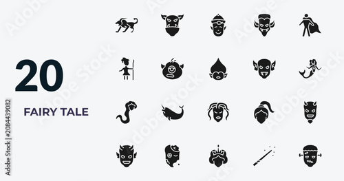Photos filled fairy tale icons set - chimera, ogre, elf, magic wand