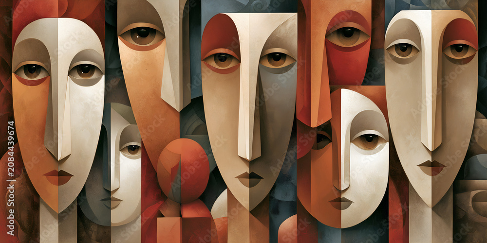 Obraz premium The Many Faces That Merge Into One Warm Geometry of Thought, ai generated.