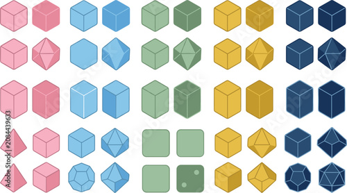 Geometric 3D Polyhedron and Platonic Solids Vector Icon Set with Pink, Blue, Green, Yellow, and Navy Linear Low Poly Dice Shapes for Gaming Design