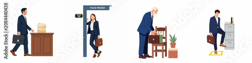 Photos Set of flat vector illustrations featuring lawyers and legal professionals in a police precinct and office environment