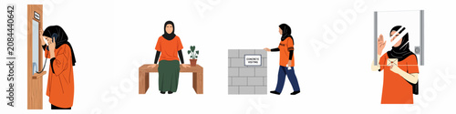 Illustrations of a Muslim woman in an orange prison uniform, depicting scenarios like making a phone call, sitting, and visiting in a correctional facility.