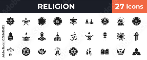 Canvas-taulu filled religion icons set - monotheism, koran, hebrew, god