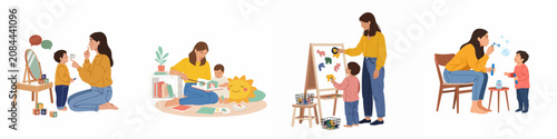 Foto Flat vector illustrations of speech therapy sessions and early childhood development activities including reading, pronunciation exercises, and interactive play with a teacher