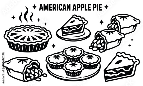 Tableau sur toile Professional black and white vector icons of traditional American apple pie featuring steaming whole desserts and tasty slices