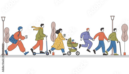 Pedestrians walking along a city sidewalk including a person on a scooter and a parent with a stroller in a peaceful neighborhood setting.