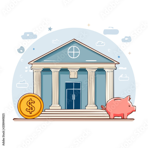 Bank Building with Piggy Bank and Gold Coin Illustration