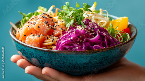 Fresh poke bowl with salmon and purple cabbage held in hands, nutrition