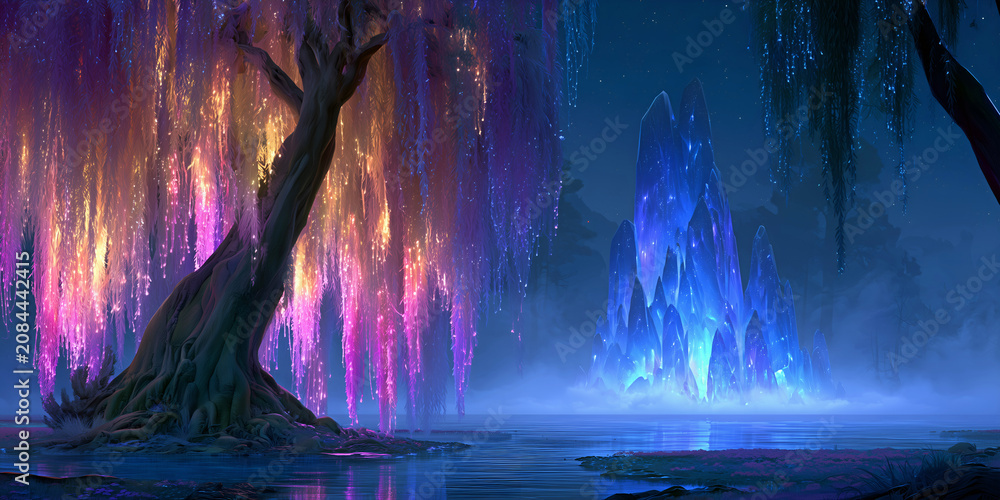 Fototapeta premium The Realm Where a Crystal and a Burning Tree Divide the Night in Living Light, ai generated.