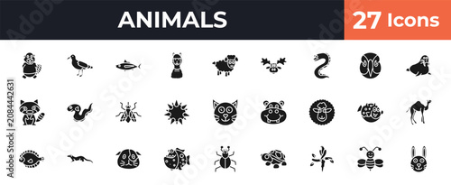 фотографія filled animals icons set - beaver, albotros, male sheep, bee