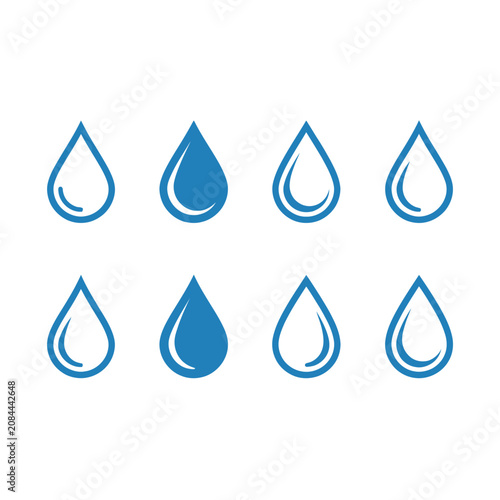 A set of blue water drop icons on white background