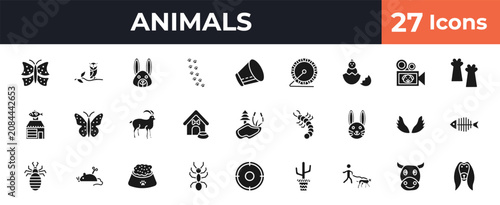 Photos filled animals icons set - insect, wise, elizabethan collar, cows