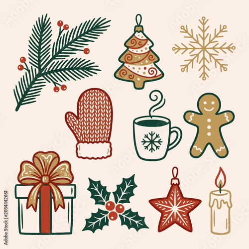 A collection of hand drawn Christmas and winter icons