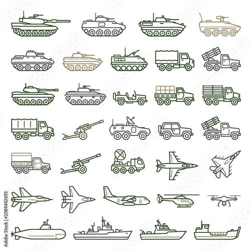Vector set of military vehicle and army transport icons
