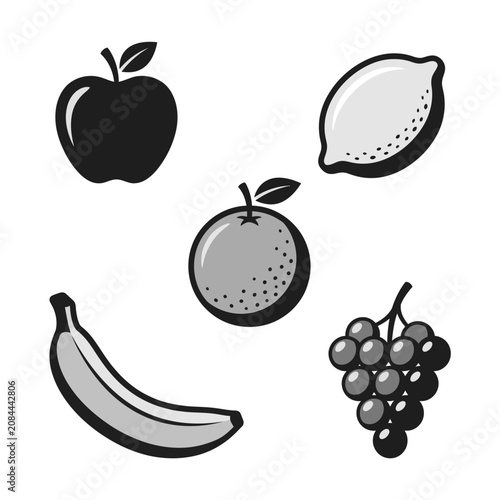 Simple black and white vector icons of various fruits
