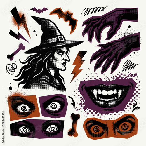 Retro Halloween sticker set with witch and vampire elements