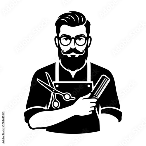 Black and white vector illustration of a hipster barber