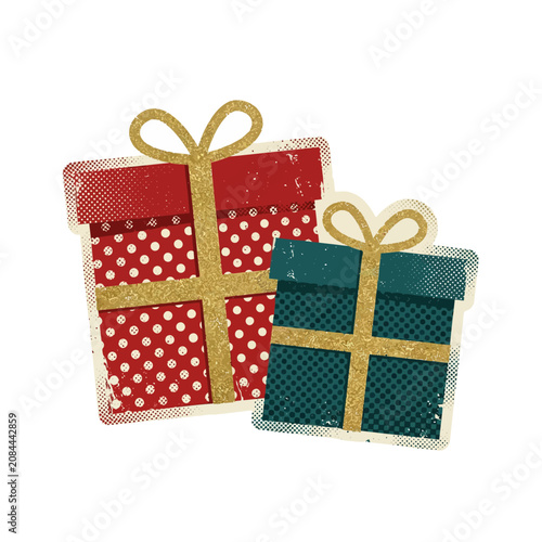 Two vintage Christmas gift boxes decorated with gold ribbons
