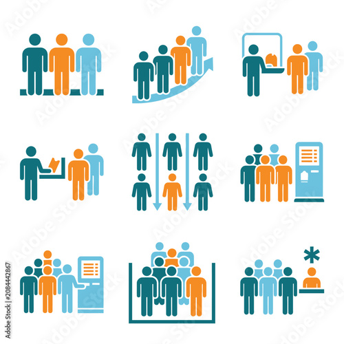 Vector icons depicting people waiting in lines and queues