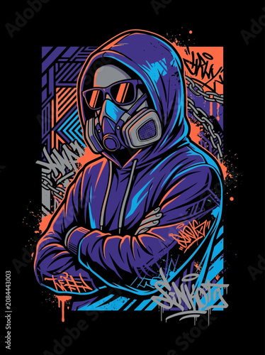 An urban figure wears a respirator mask and sunglasses